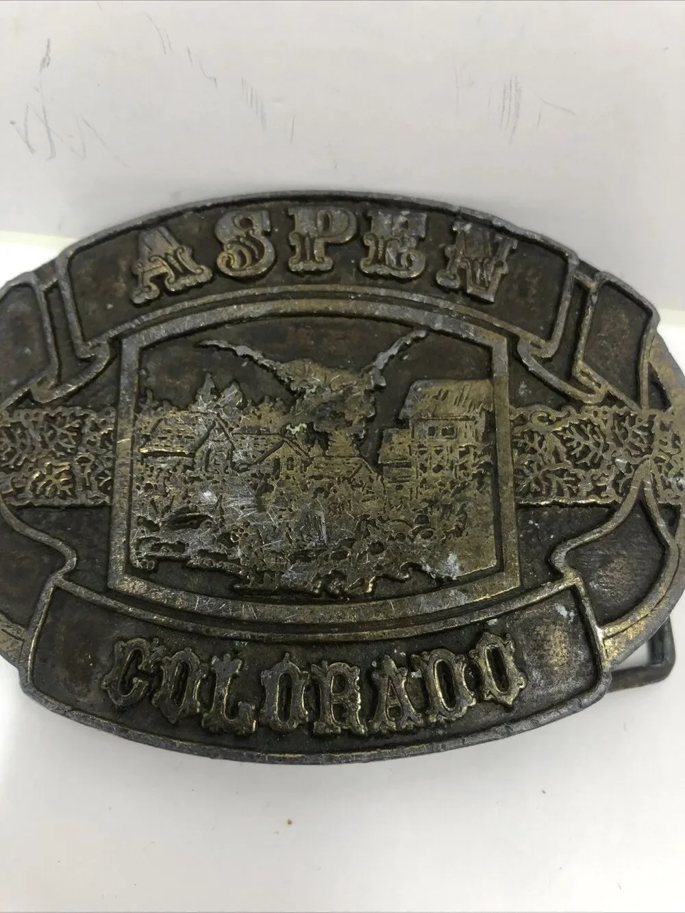 Belt Buckle Aspen Colorado Dark Brass or Bronze Colorado  3 1/4 “x 2 1/2